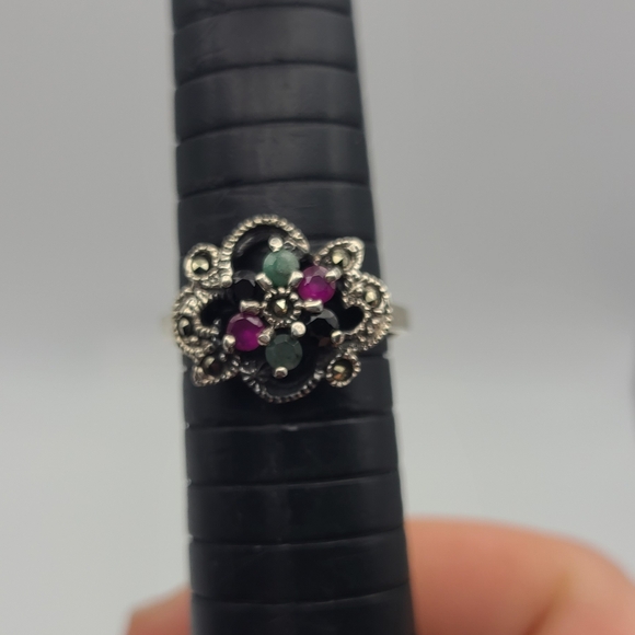 Incredible multistone ring with emerald, sapphire, ruby, and marcasite - Picture 7 of 7